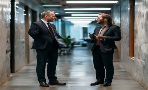 Corredor de seguros conversando con clientes en una oficina de seguros